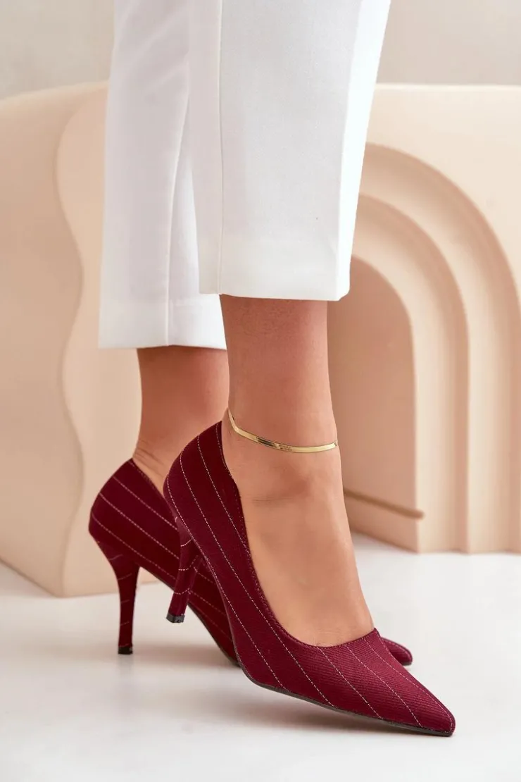 Boto Czółenka Klasyczne*Materiałowe Szpilki Damskie W Paski Bordowe Tifidra Czerwony