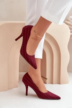 Boto Czółenka Klasyczne*Materiałowe Szpilki Damskie W Paski Bordowe Tifidra Czerwony