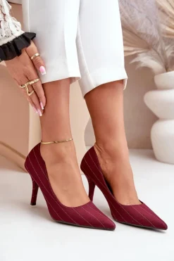 Boto Czółenka Klasyczne*Materiałowe Szpilki Damskie W Paski Bordowe Tifidra Czerwony