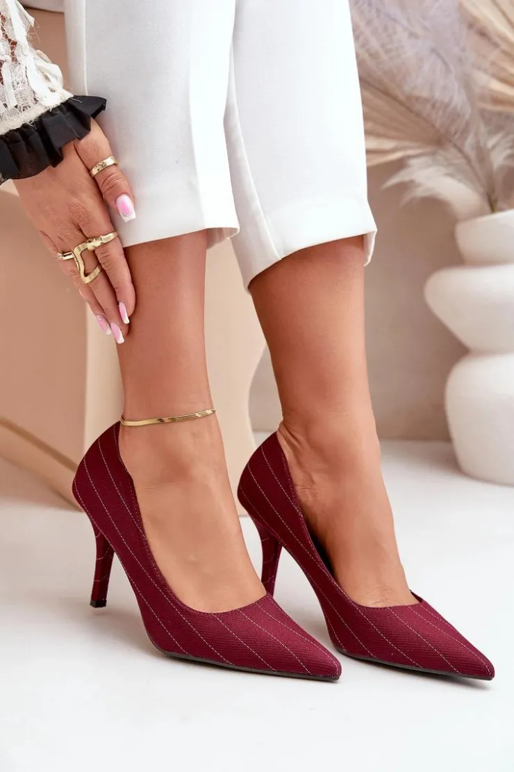 Boto Czółenka Klasyczne*Materiałowe Szpilki Damskie W Paski Bordowe Tifidra Czerwony