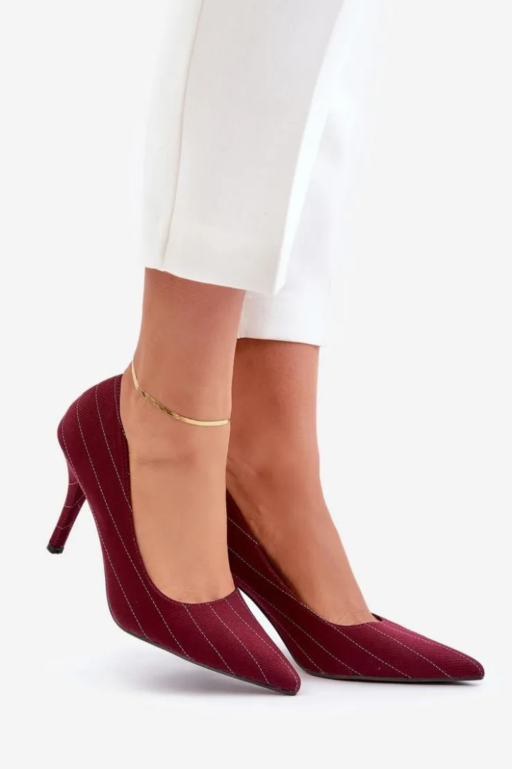 Boto Czółenka Klasyczne*Materiałowe Szpilki Damskie W Paski Bordowe Tifidra Czerwony