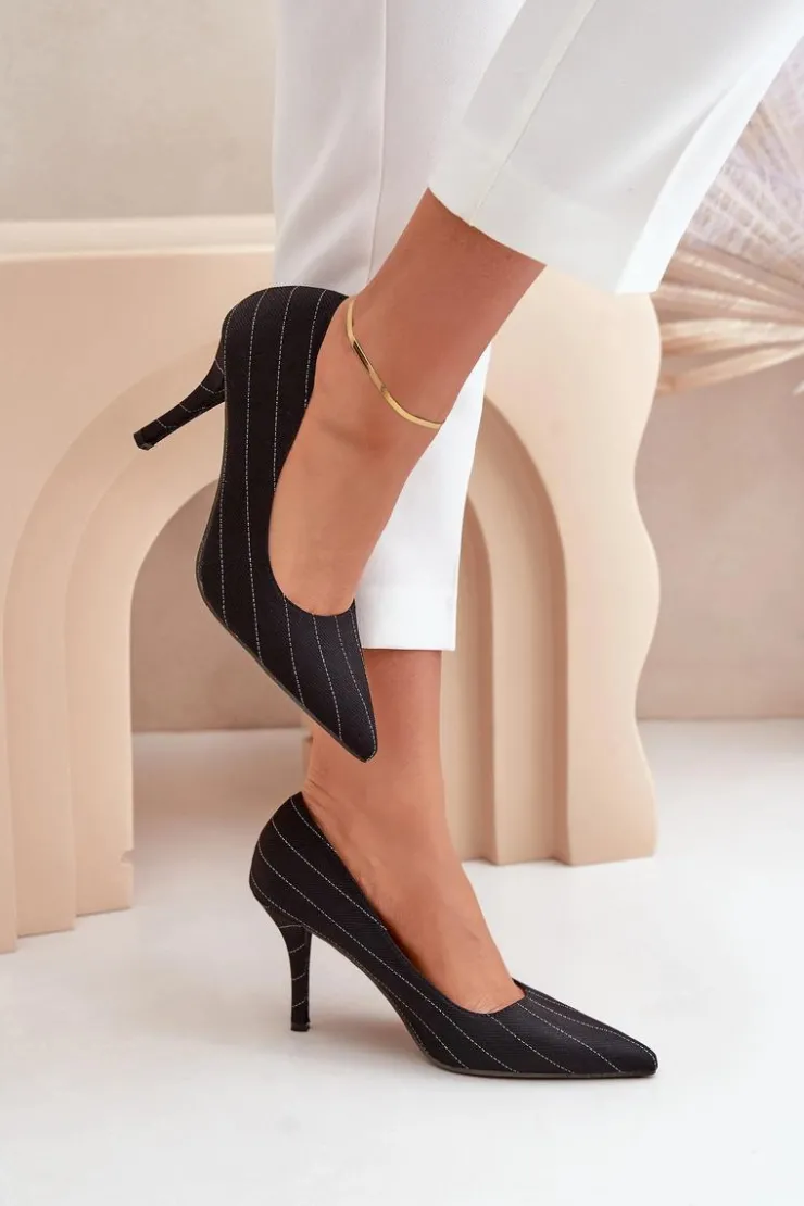 New Boto Materiałowe Szpilki Damskie W Paski Czarne Tifidra Czarny