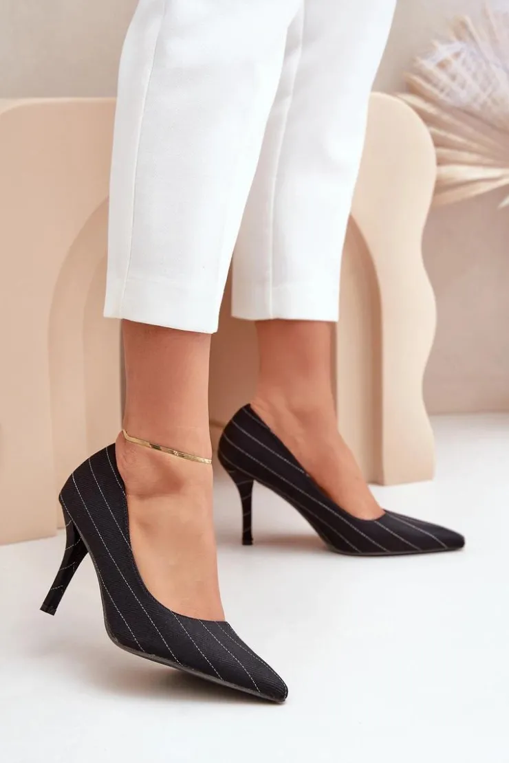 New Boto Materiałowe Szpilki Damskie W Paski Czarne Tifidra Czarny