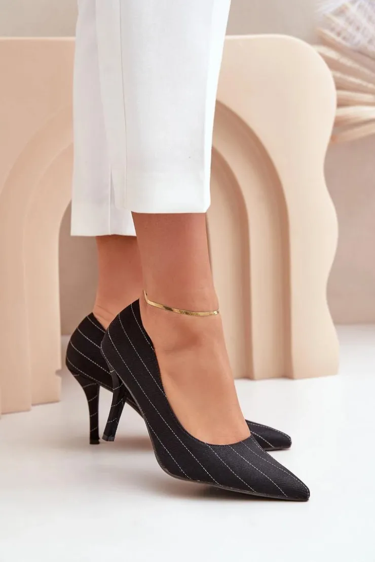 New Boto Materiałowe Szpilki Damskie W Paski Czarne Tifidra Czarny