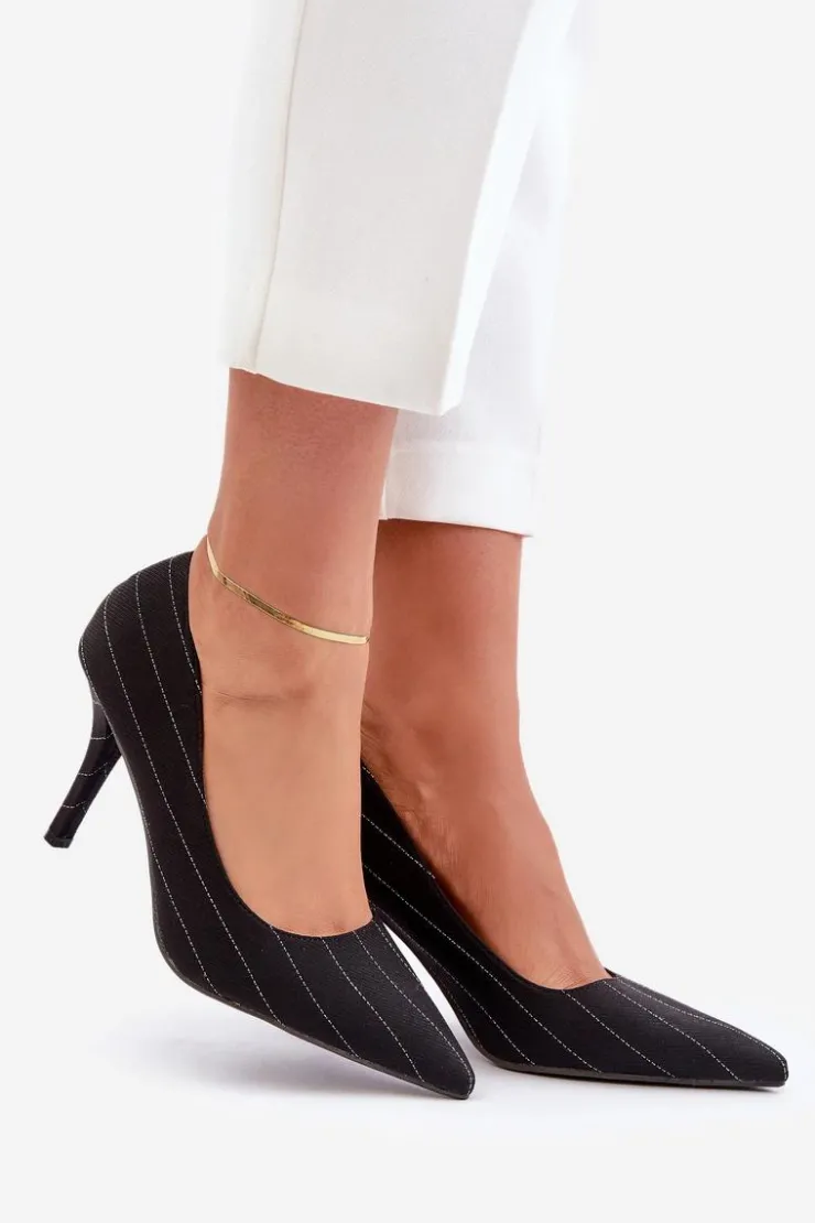 New Boto Materiałowe Szpilki Damskie W Paski Czarne Tifidra Czarny