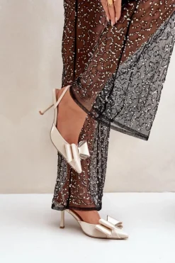 Damskie Boto Materiałowe Szpilki Z Kokardą Złote Selatea