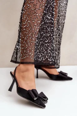 Damskie Boto Materiałowe Szpilki Z Kokardą Czarne Selatea