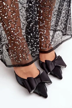 Damskie Boto Materiałowe Szpilki Z Kokardą Czarne Selatea