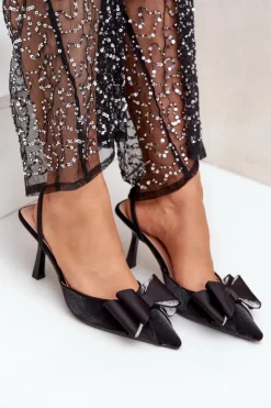 Damskie Boto Materiałowe Szpilki Z Kokardą Czarne Selatea