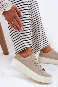 Big Star Shoes Trampki Damskie Big Star|Trampki Damskie Niskie*Materiałowe Trampki Damskie Na Platformie Big Star RR274465 Beżowe