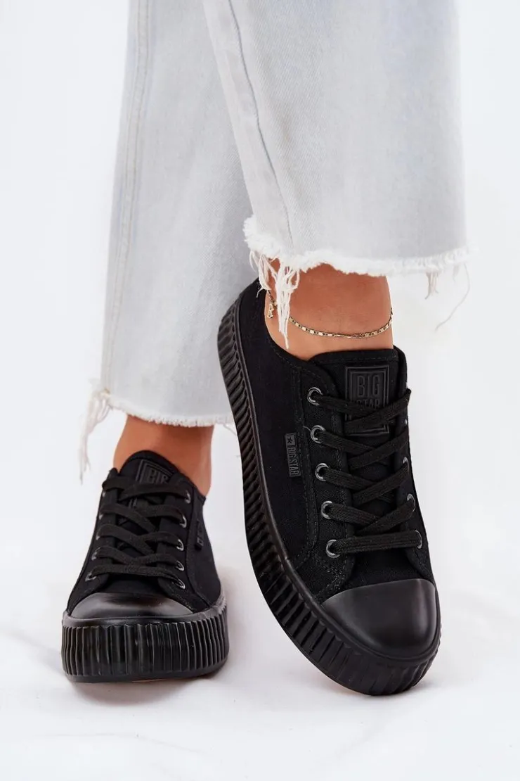 Big Star Shoes Trampki Damskie Big Star|Trampki Damskie Niskie*Materiałowe Trampki Damskie Na Platformie Big Star RR274775 Czarne Czarny