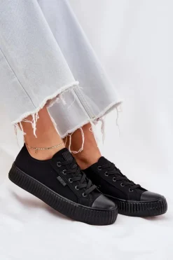 Big Star Shoes Trampki Damskie Big Star|Trampki Damskie Niskie*Materiałowe Trampki Damskie Na Platformie Big Star RR274775 Czarne Czarny