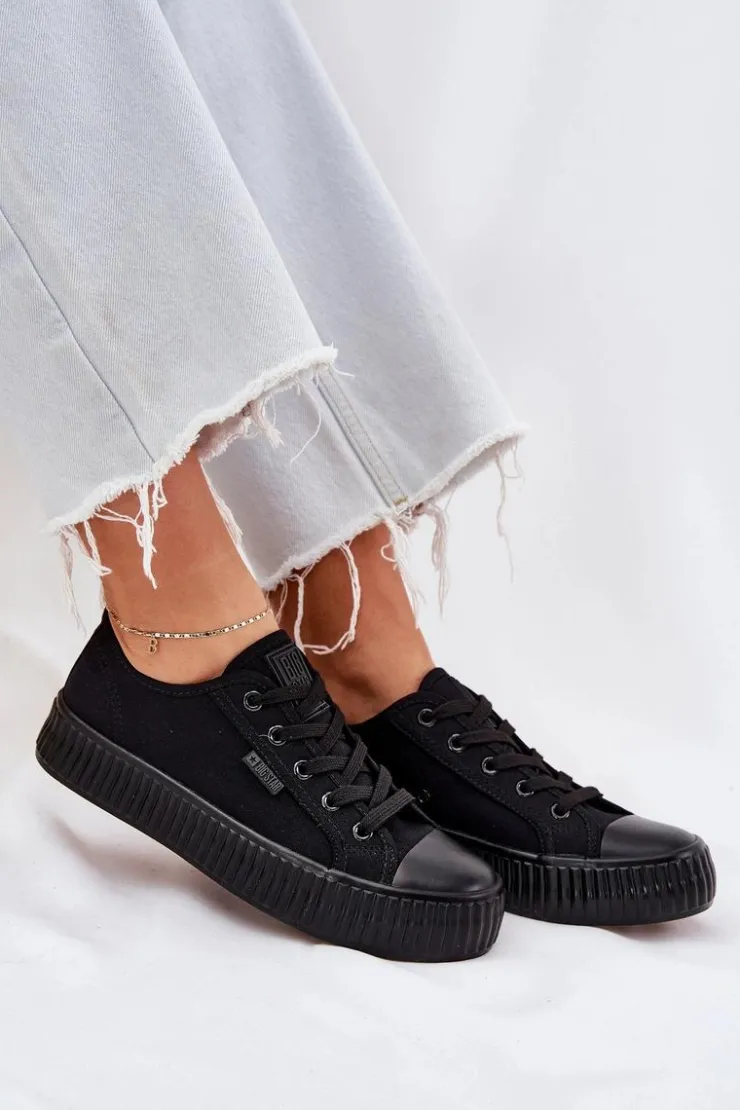 Big Star Shoes Trampki Damskie Big Star|Trampki Damskie Niskie*Materiałowe Trampki Damskie Na Platformie Big Star RR274775 Czarne Czarny
