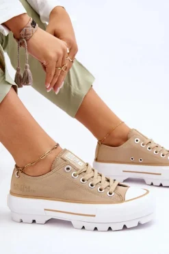 Big Star Shoes Trampki Damskie Big Star|Trampki Damskie Niskie*Materiałowe Trampki Na Platformie Big Star LL274154 Beżowe
