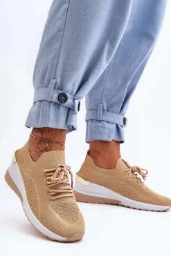 Damskie Boto Materiałowe Wsuwane Buty Sportowe Na Koturnie Beżowe Visconti