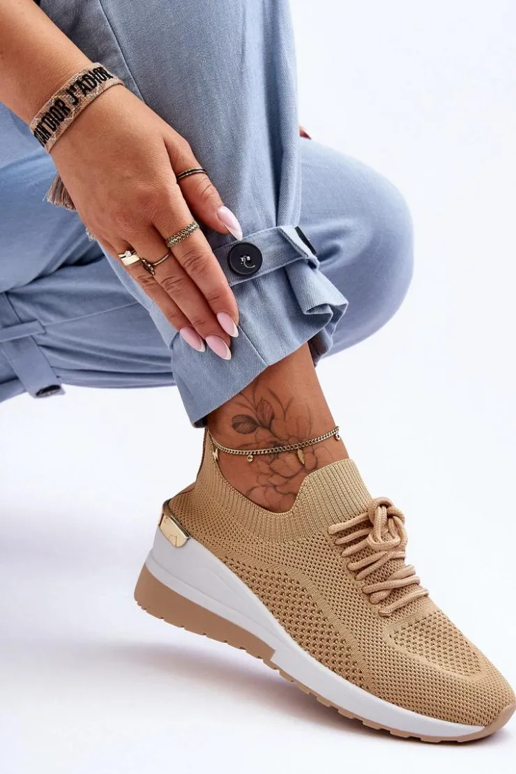 Damskie Boto Materiałowe Wsuwane Buty Sportowe Na Koturnie Beżowe Visconti