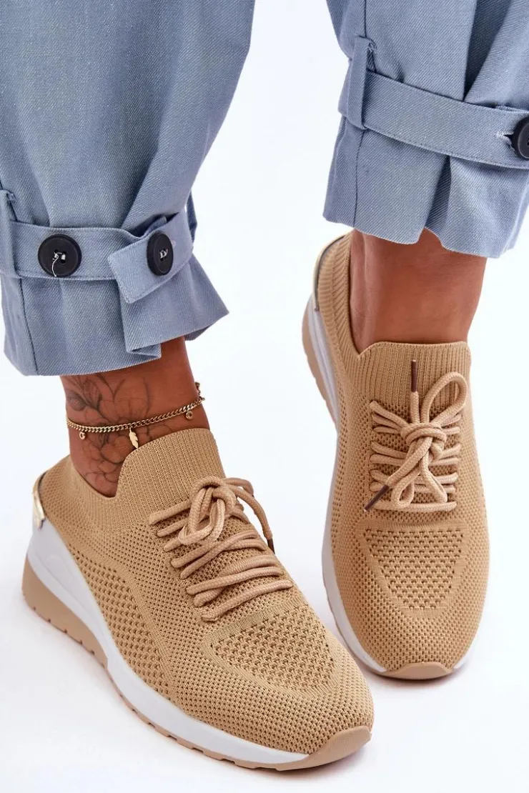 Damskie Boto Materiałowe Wsuwane Buty Sportowe Na Koturnie Beżowe Visconti