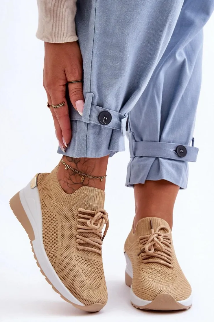 Damskie Boto Materiałowe Wsuwane Buty Sportowe Na Koturnie Beżowe Visconti