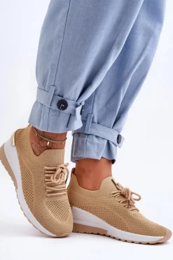 Damskie Boto Materiałowe Wsuwane Buty Sportowe Na Koturnie Beżowe Visconti