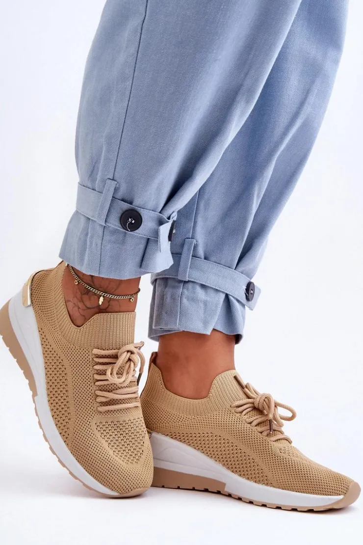 Damskie Boto Materiałowe Wsuwane Buty Sportowe Na Koturnie Beżowe Visconti