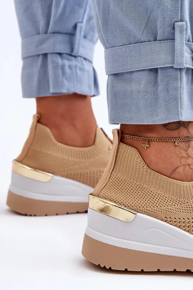 Damskie Boto Materiałowe Wsuwane Buty Sportowe Na Koturnie Beżowe Visconti