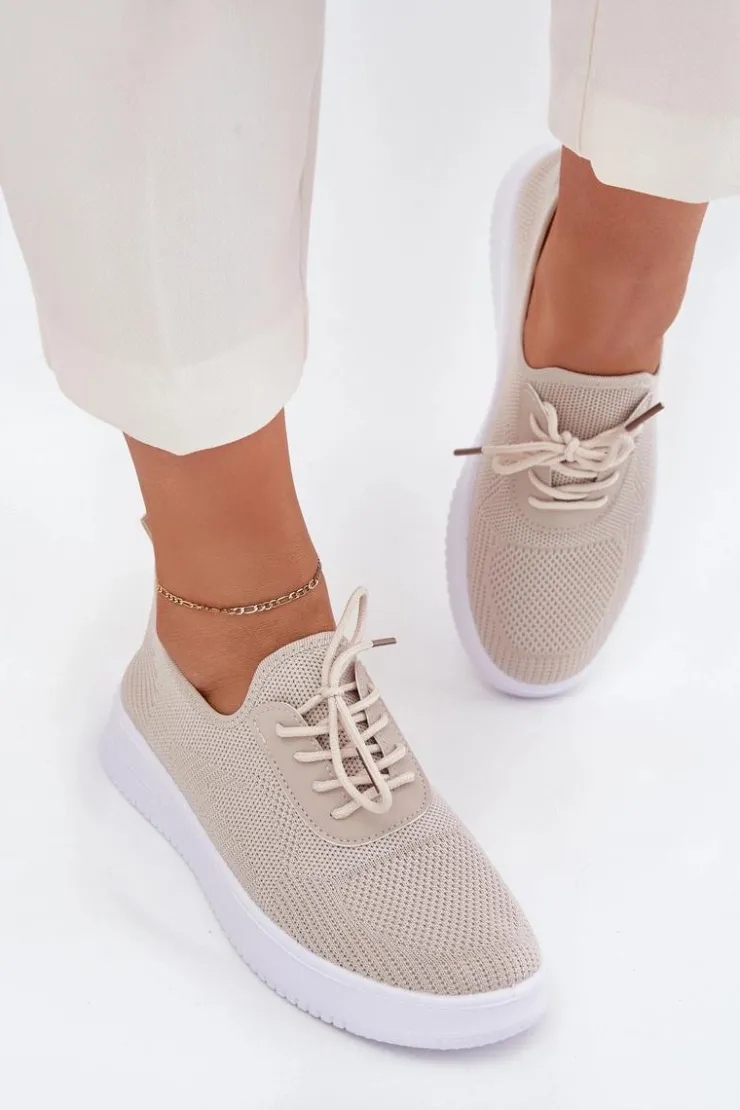 Boto Sneakersy Damskie*Materiałowe Wsuwane Buty Sportowe Na Platformie Damskie Beżowe Kalyra Beżowy