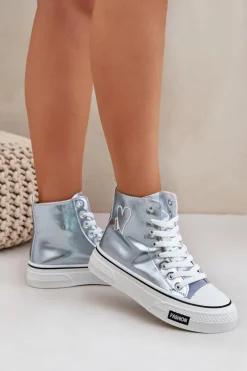 Boto Trampki Damskie Wysokie*Metaliczne Wysokie Trampki Damskie Z Serduszkiem Niebieskie Sumehra