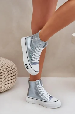 Boto Trampki Damskie Wysokie*Metaliczne Wysokie Trampki Damskie Z Serduszkiem Niebieskie Sumehra