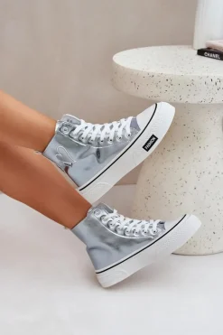 Boto Trampki Damskie Wysokie*Metaliczne Wysokie Trampki Damskie Z Serduszkiem Niebieskie Sumehra