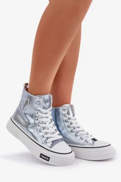 Boto Trampki Damskie Wysokie*Metaliczne Wysokie Trampki Damskie Z Serduszkiem Niebieskie Sumehra
