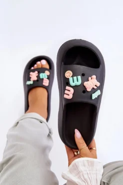 Damskie Boto Miękkie Damskie Piankowe Klapki Z Ozdobami Czarne Lorie