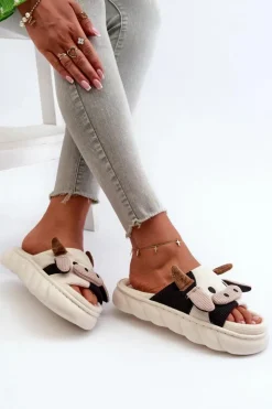 Outlet Boto Miękkie I Wygodne Kapcie Damskie Krowy Jasnobeżowe Paivessa