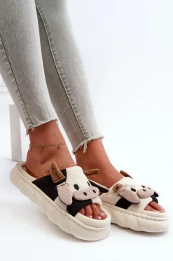 Outlet Boto Miękkie I Wygodne Kapcie Damskie Krowy Jasnobeżowe Paivessa