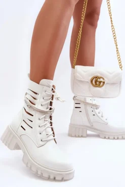 Clearance Boto Modne Botki Workery Z Ozdobnym Paseczkiem Białe Rocky