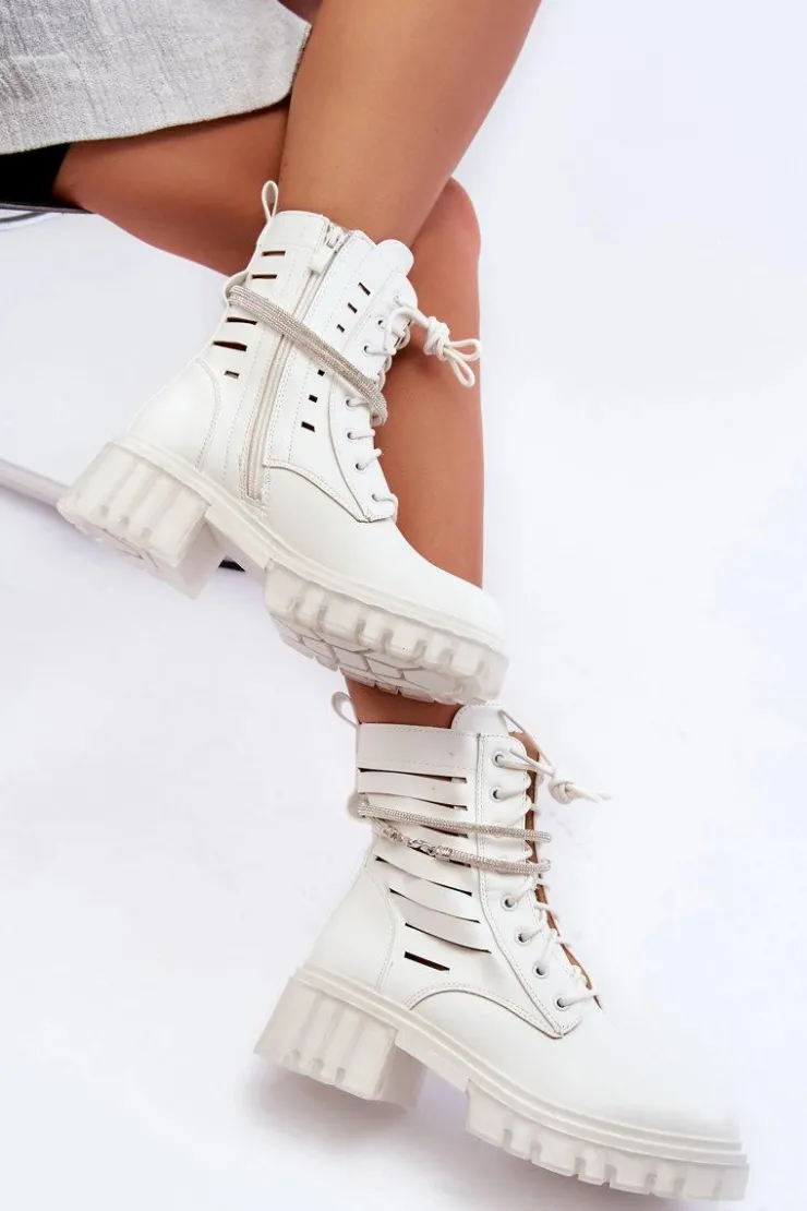 Clearance Boto Modne Botki Workery Z Ozdobnym Paseczkiem Białe Rocky