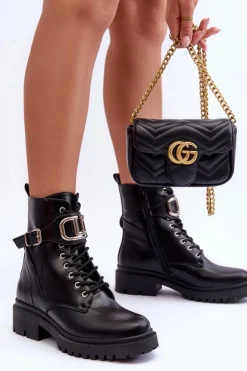 Boto Botki Sznurowane|Czarne Botki*Modne Botki Workery Z Ozdobą Czarne Ollia