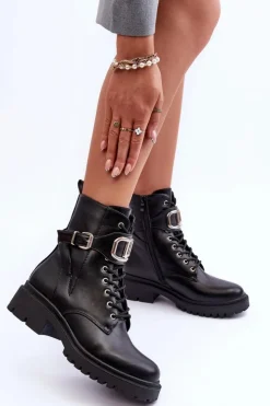 Boto Botki Sznurowane|Czarne Botki*Modne Botki Workery Z Ozdobą Czarne Ollia