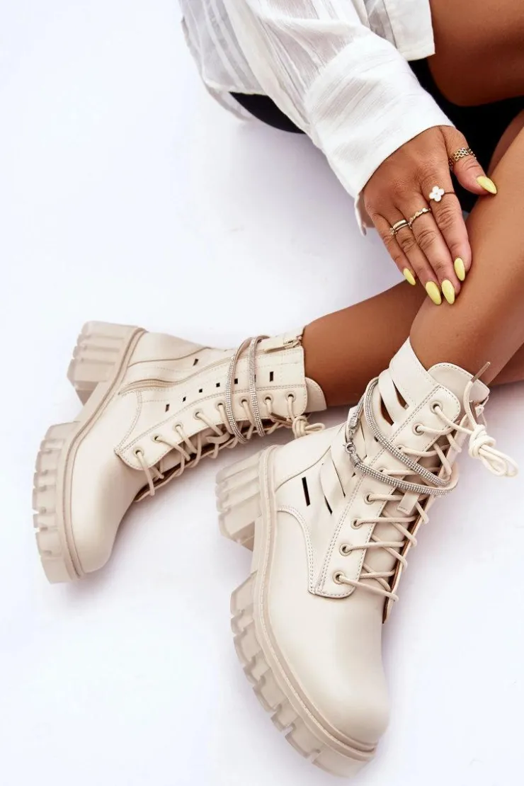 Boto Botki Wiosenne|Botki Sznurowane*Modne Botki Workery Z Ozdobnym Paseczkiem Beżowe Rocky Beżowy