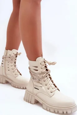 Boto Botki Wiosenne|Botki Sznurowane*Modne Botki Workery Z Ozdobnym Paseczkiem Beżowe Rocky Beżowy