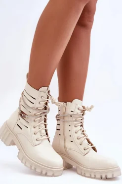 Boto Botki Wiosenne|Botki Sznurowane*Modne Botki Workery Z Ozdobnym Paseczkiem Beżowe Rocky Beżowy