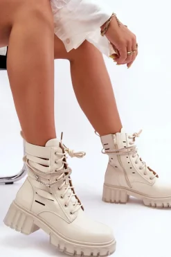 Boto Botki Wiosenne|Botki Sznurowane*Modne Botki Workery Z Ozdobnym Paseczkiem Beżowe Rocky Beżowy