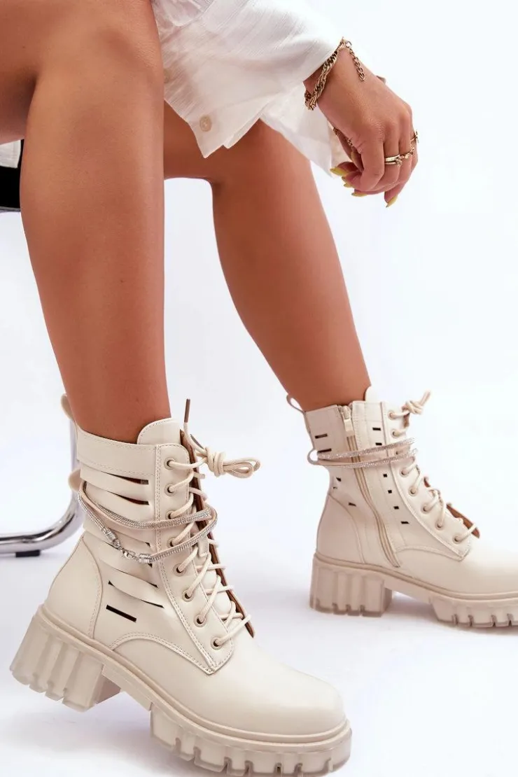 Boto Botki Wiosenne|Botki Sznurowane*Modne Botki Workery Z Ozdobnym Paseczkiem Beżowe Rocky Beżowy