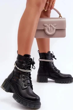 Damskie Boto Modne Botki Workery Z Ozdobnym Paseczkiem Czarne Rocky