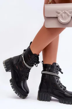 Damskie Boto Modne Botki Workery Z Ozdobnym Paseczkiem Czarne Rocky