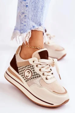 Damskie Boto Modne Buty Sportowe Damskie Na Koturnie Beżowo-Brązowe Aronne