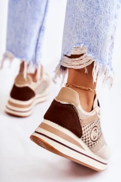 Damskie Boto Modne Buty Sportowe Damskie Na Koturnie Beżowo-Brązowe Aronne