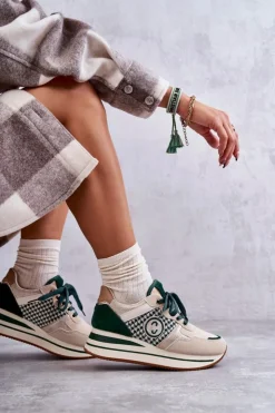 Damskie Boto Modne Buty Sportowe Damskie Na Koturnie Beżowo-Zielone Aronne