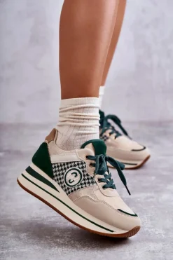 Damskie Boto Modne Buty Sportowe Damskie Na Koturnie Beżowo-Zielone Aronne