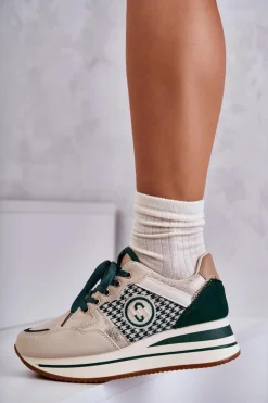 Damskie Boto Modne Buty Sportowe Damskie Na Koturnie Beżowo-Zielone Aronne