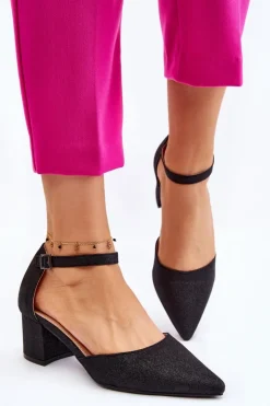 Boto Czółenka Na Słupku|Czółenka Klasyczne*Modne Błyszczące Czółenka Na Niskim Obcasie Czarne Leilany